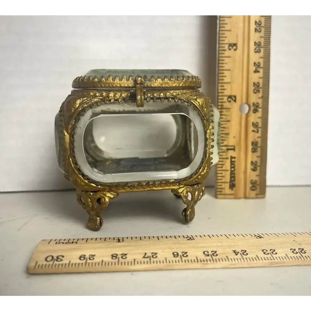 Vintage French Style Ormolu Gold Jewelry Box Casket Beveled Glass Footed Ornate